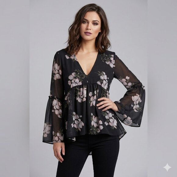 Streetwear Society Tops - Black Floral V-Neck Peplum Tunic with Bell Sleeves